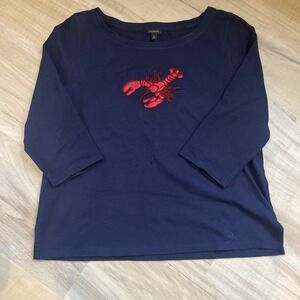 TALBOTS Plus 100% Pima Cotton Navy  Beaded Sequin Lobster Design Top Blouse XL